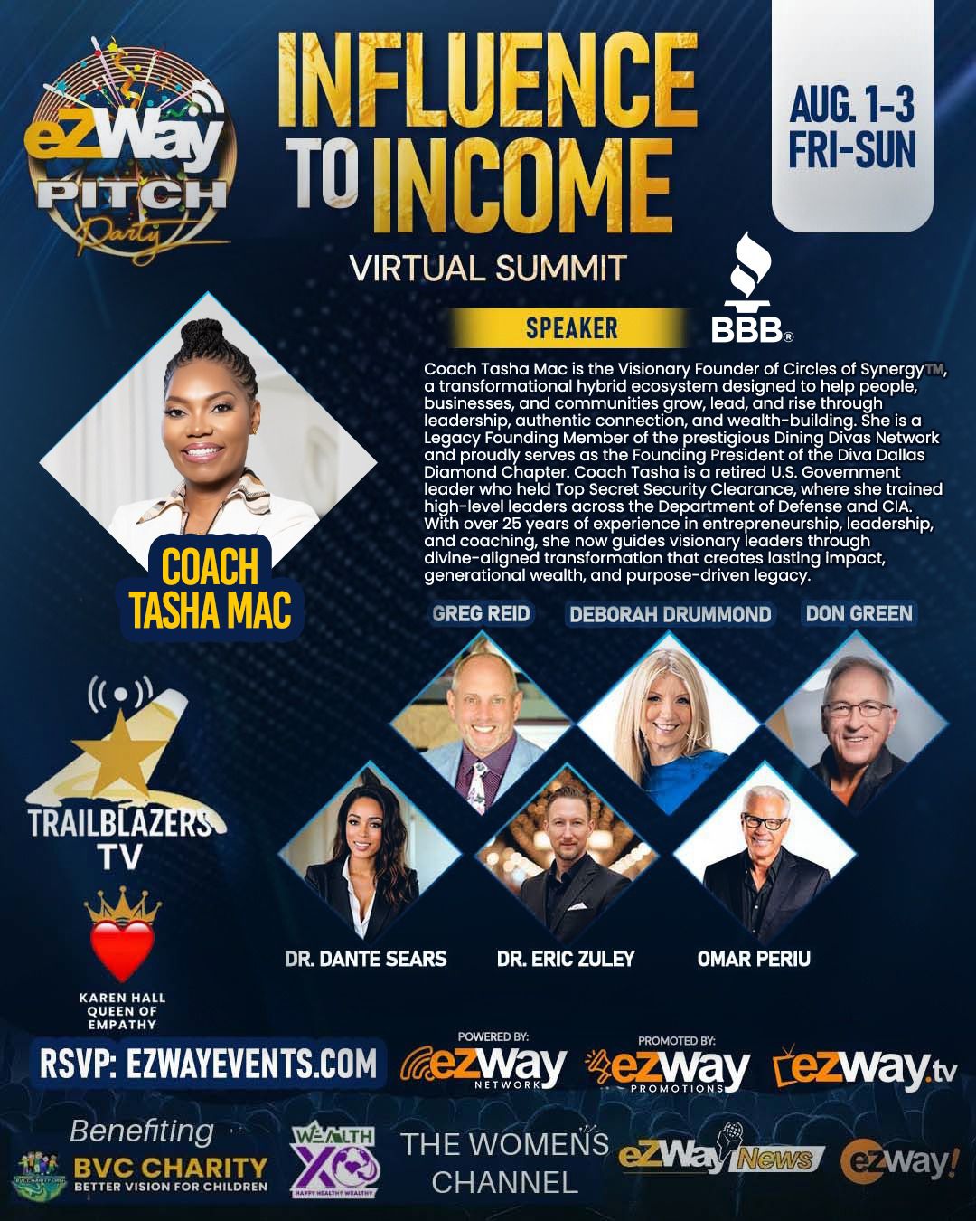 eZWay Income to Influence Virtual Summit flyer, August 1–3, 2025, featuring Coach Tasha Mac among the summit speakers