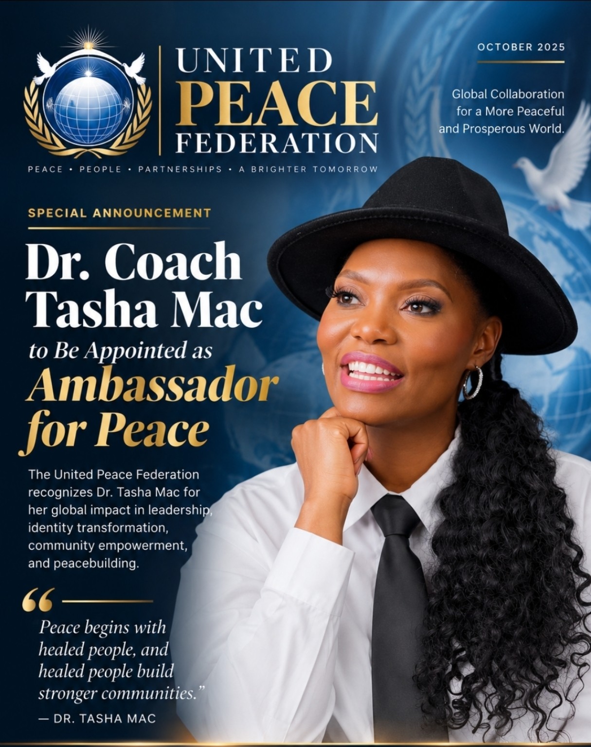 United Peace Federation announcement — Dr. Coach Tasha Mac to Be Appointed as Ambassador for Peace, October 2025